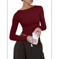 thumbnail image 2 of Womens Crewneck Long Sleeve Shirt Double Lined Basic Tees Side Ruched Going Out Crop Tops Wine Red L, 2 of 9