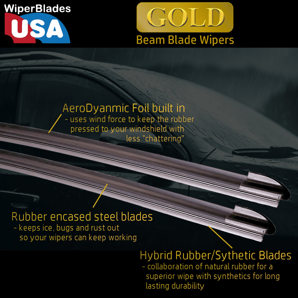 WiperBladesUSA Gold 22" & 22" (Set of 2) Beam Wiper Blades High Performance Automotive Replacement Windshield Wipers For My Car, Easy DIY Install & Multiple Arm Types