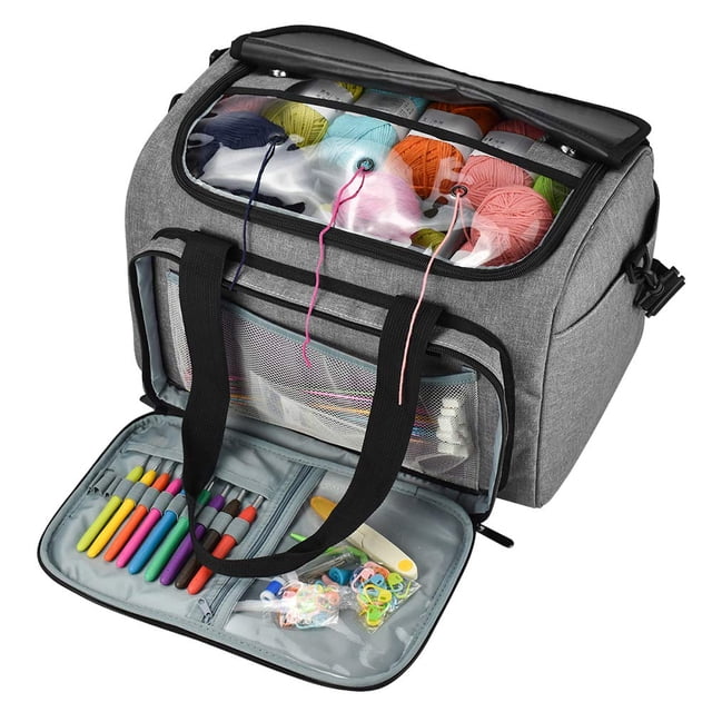 Bolsa de mano para tejer, bolsa de viaje para tejer, bolsa de almacenamiento para lanas con divisor interior extraíble para agujas de tejer, hilo, suministros de ganchillo