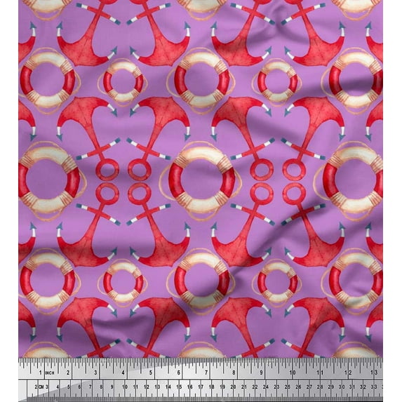 Soimoi Purple Cotton Poplin Fabric Life Ring & Anchor Hook Nautical Decor Fabric Printed Yard 42 Inch Wide