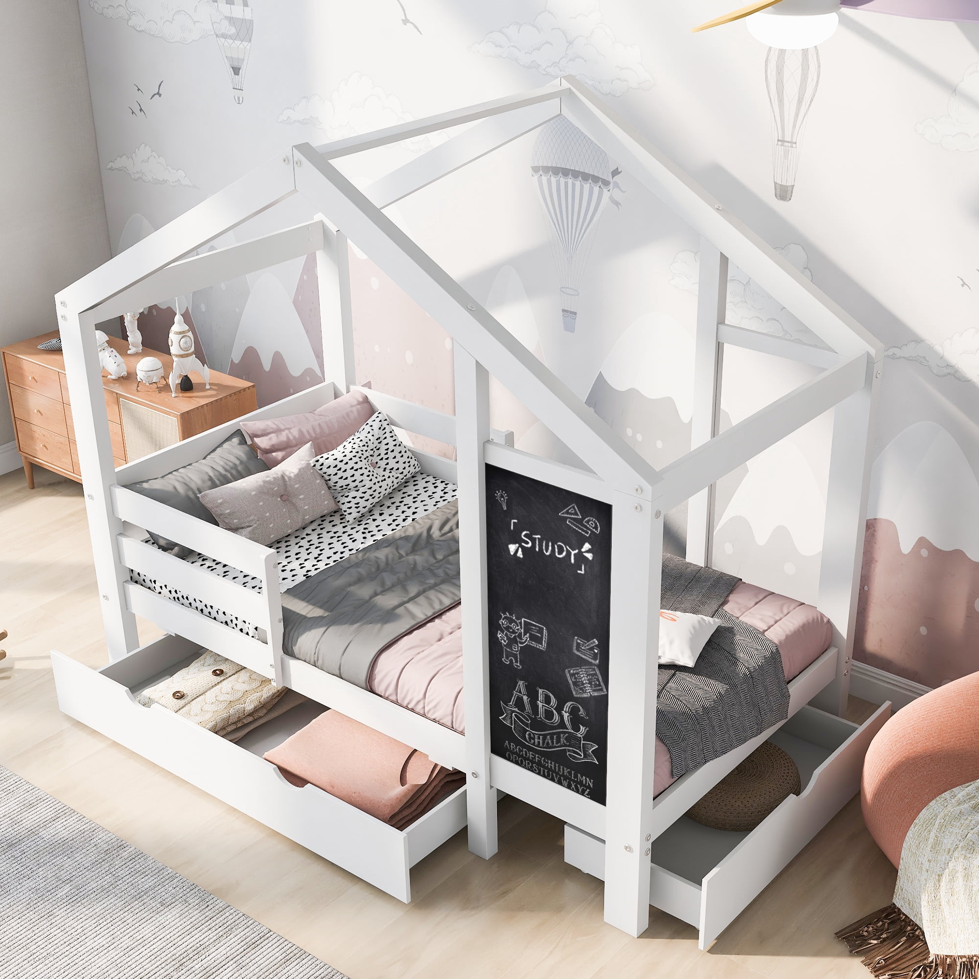 Bellemave Twin Size House Bed with Storage Drawers and Blackboard Playhouse Platform Bed with Guardrails and Wooden Slats Montessori Twin House Bed ,  Assembly Options, White