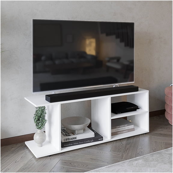 Minimalist TV Stand for 65 Inch TV, White Media Console with 5 Open Shelves, Particle Board