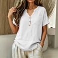 thumbnail image 5 of Fashion Plus Size Shirts for Womens Cotton And Linen Spring And Summer Imitation V-neck Short-sleeved Button-pocket Solid Color Top, 5 of 8