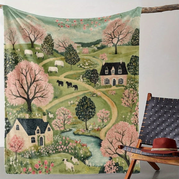 [Soft Warm Vintage Farmhouse Blanket] Cozy Vintage Farmhouse Animal & Tree Print Flannel Blanket - Soft, Warm Throw for Couch, Bed, Car, Office, Camping - All-Season Gift, for Spring