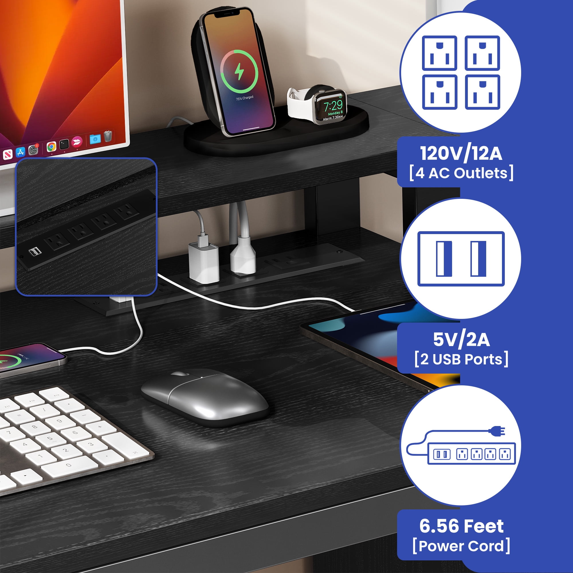 ModFusion 65" Home Office Desk with 3 Drawers & 4 Storage Shelves, L-Shaped Computer Desk with Power Outlets, LED Lights & Printer Stand, Black