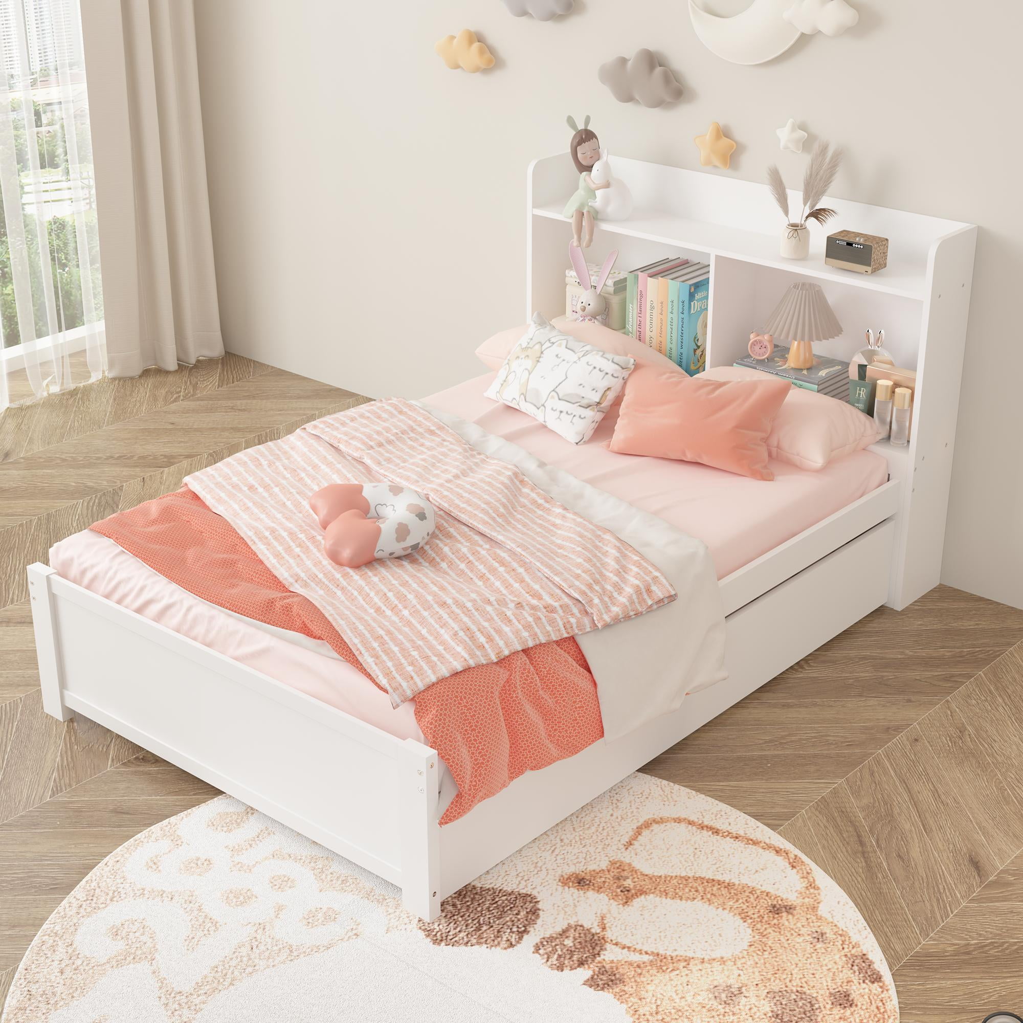 HSUNNS Twin Bed Frame with Trundle and Storage Bookcase, Modern Platform Twin Bed Frame for Girls and Boys, Solid Wood Trundle Bed with Headboard and Footboard, No Box Spring Needed, White