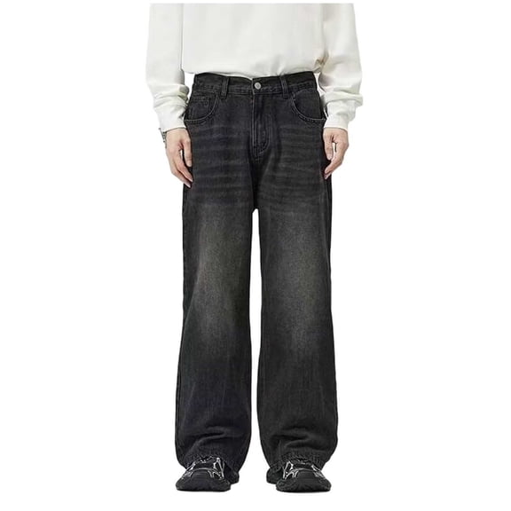 Bpyeka Men's Streetwear Wide-Leg Jeans, Casual Loose-Fit Denim Pants with Button & Zipper Fly, Belt Loops