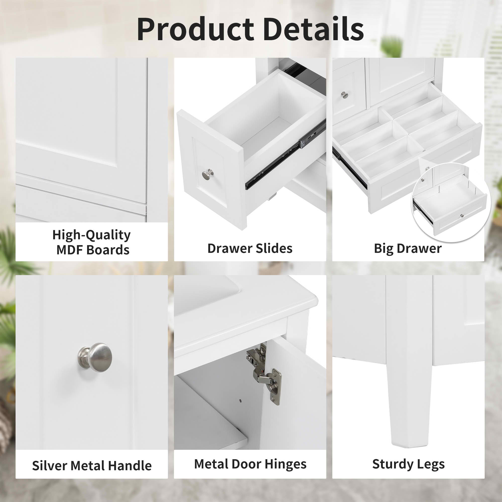 MAYEERTY 24-Inch Bathroom Vanity with Storage, Adjustable Shelf MDF Rubberwood Removable Dividers, Glossy Finish, White