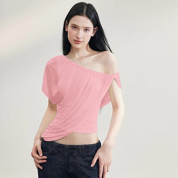 Off the Shoulder Tops for Women One Shoulder Draped Asymmetrical Cropped Top Casual Going Out Summer Outfits Trendy Short Sleeve T Shirts Pink L