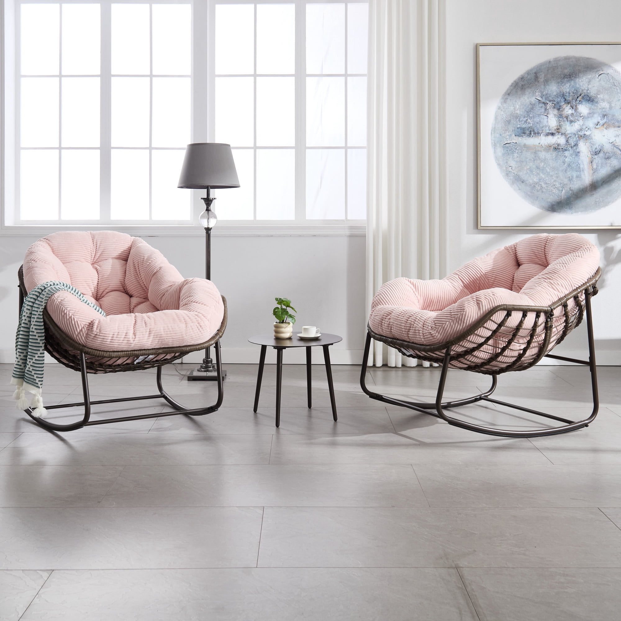 Howcool Patio Round Oversized Rocking Chair with Padded Cushion, Papasan Rattan Recliner Armless Chair