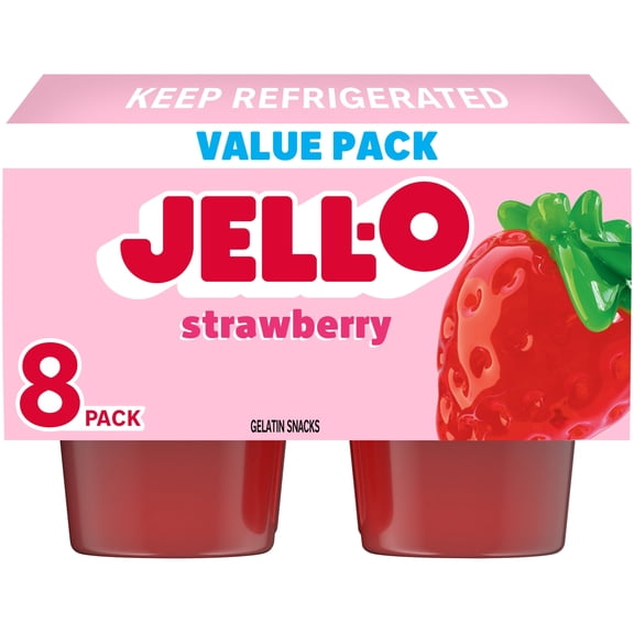 Jell-O Original Strawberry Jello Cups Gelatin Snack Value 8 Ct Cups (Pack of 2)