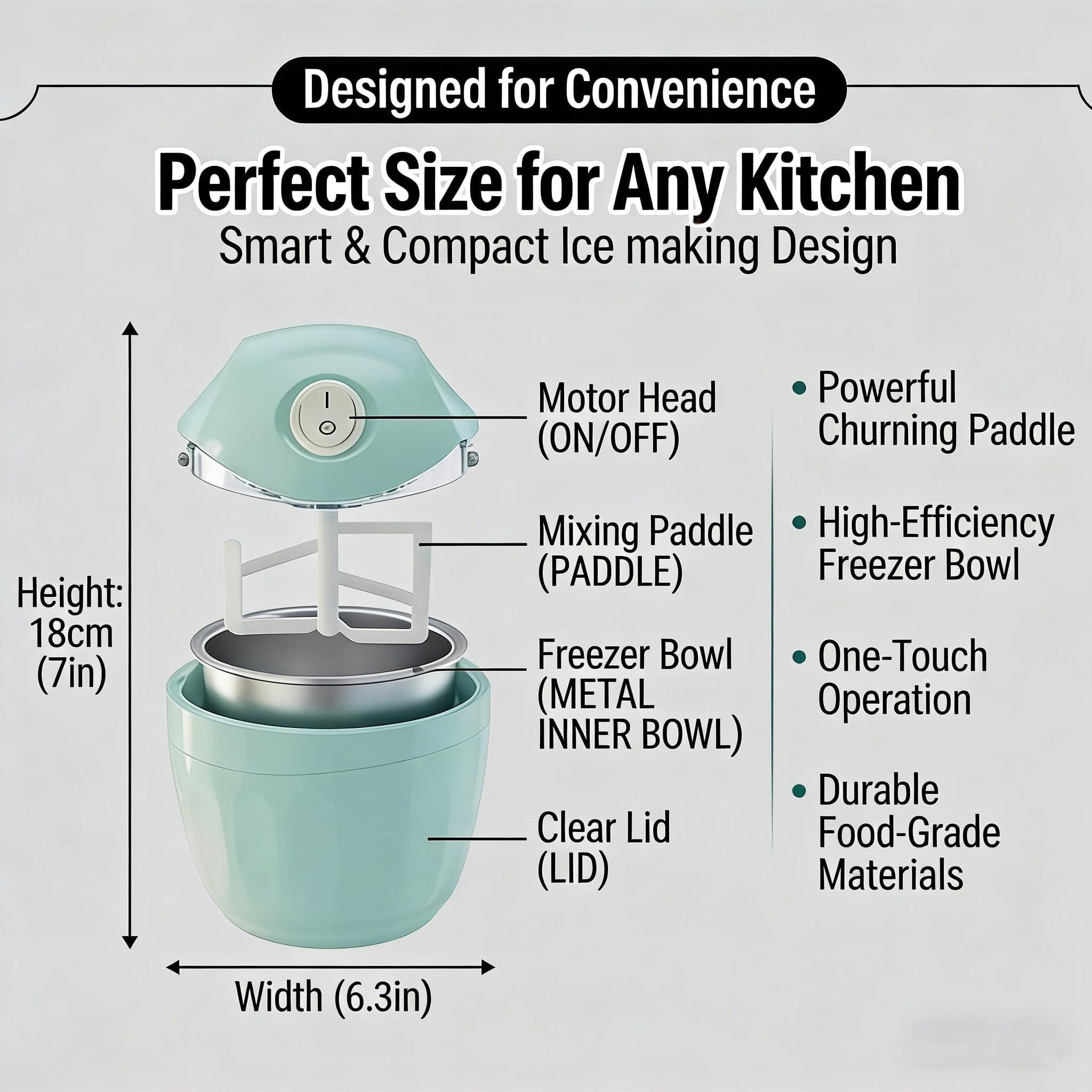 17oz Small Home Mini Ice Cream Maker, 15-25 Minute Quick Preparation with Rich Texture, Simple One-Touch Operation for Homemade Desserts