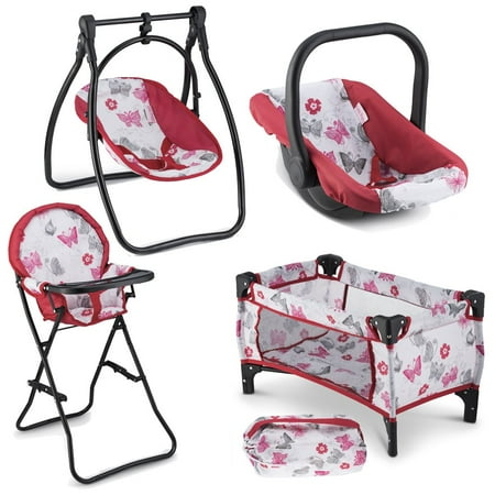 4 Piece Set Baby Doll Accessories - Includes Baby Doll Swing, Baby Doll High Chair, Doll Pack N Play, Baby Doll Carrier – 18 inch Doll Accessories for 3 Year Old Girls and (Best Doll For 4 Year Old)