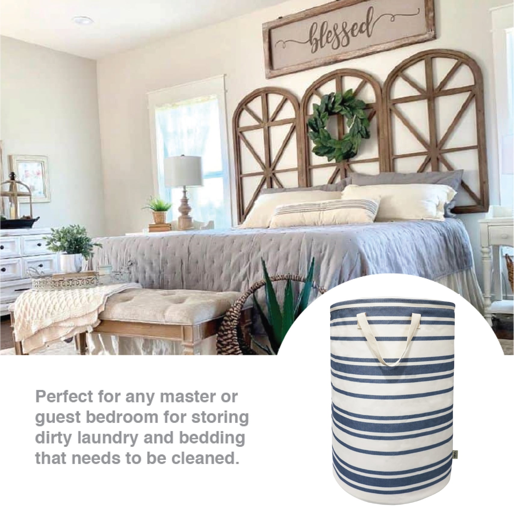 omh ORGANIZE MY HOME – 24 Inches Large Freestanding Round Laundry Hamper with Drawstring Closure, Collapsible Clothes Storage Hamper- Blue Stripes