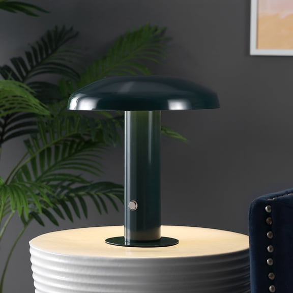 Open Box JONATHAN Y Suillius 11" Contemporary Bohemian Rechargeable/Cordless Iron Integrated Portable LED Mushroom Table Lamp, Forest Green, JYL7114D