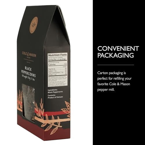 Cole & Mason Gourmet Spice Refill Box - Pairs Well with Chicken, Beef, Pork & More - Peppercorn Refill for Pepper Mill Grinder - Black Pepper 5.3 Oz Box