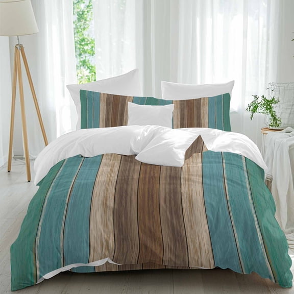 Rustic Green Teal Brown Wooden Queen Size Bed Set,Farm Vintage Wood Plank Bedding for All Seasons,4 Pcs Bed Set,1 Quiltcover (90"x92"),1 Sheet(94"x116"),2 Pillowcases (30"x20")