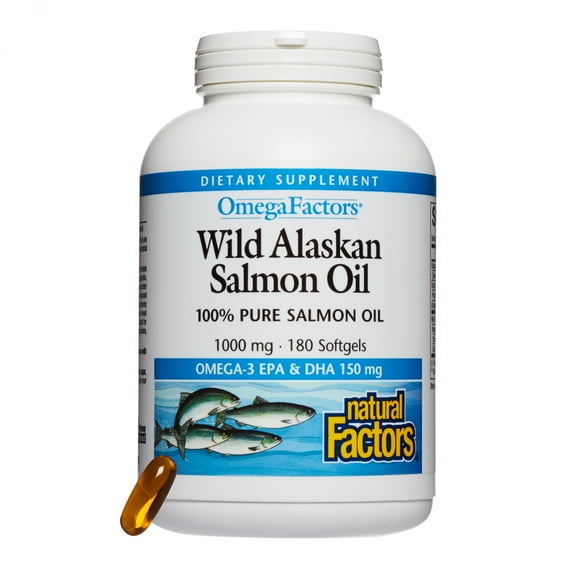 Natural Factors Wild Alaskan Salmon Oil Provides Omega-3, EPA, DHA & Vitamin D, Supports Brain & Heart Health, 180 Softgels