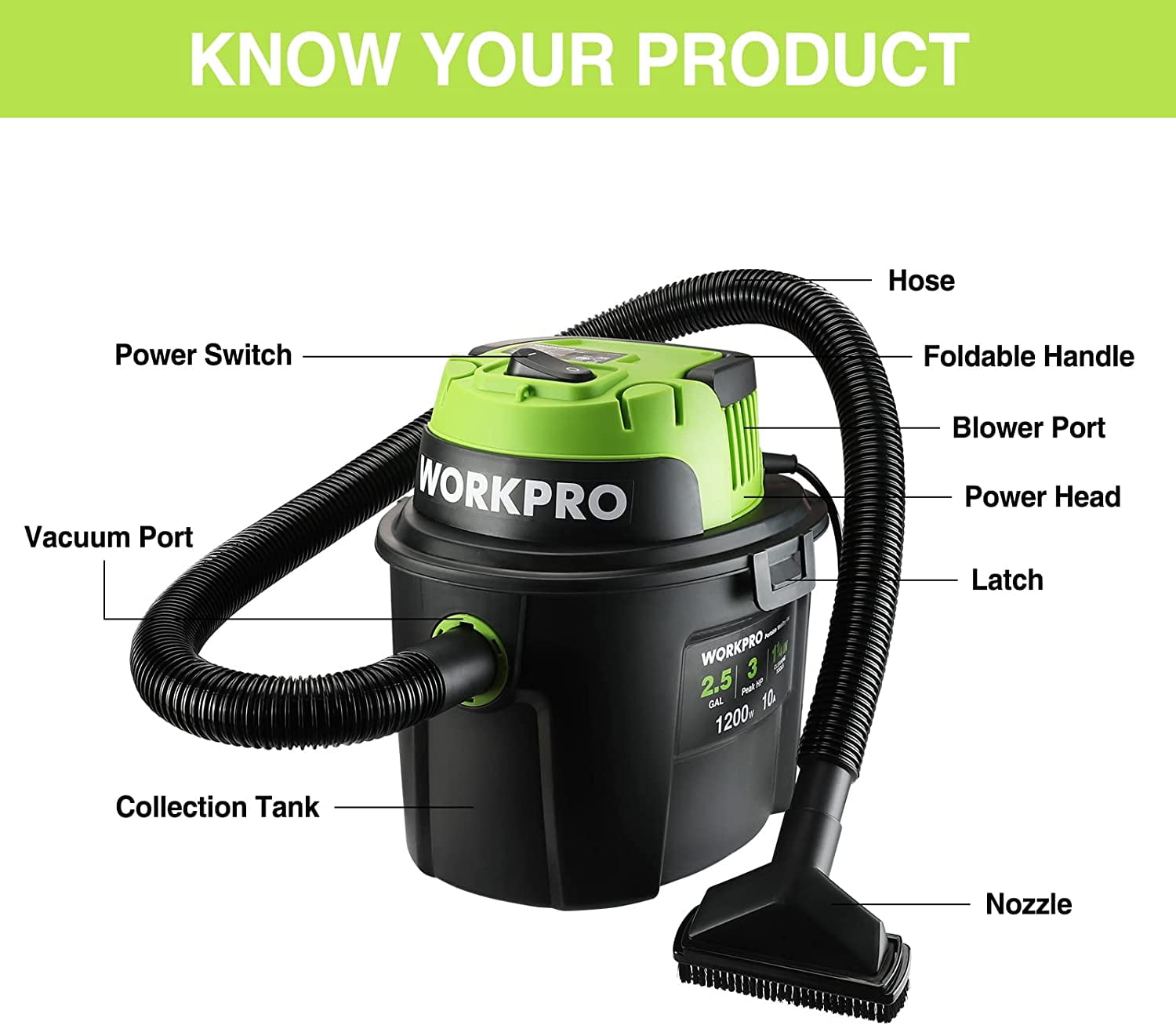 WORKPRO Wet Dry Vacuum 2.5 Gallon 3 Peak Horsepower Portable Shop Vacuum Cleaner Black W125080A