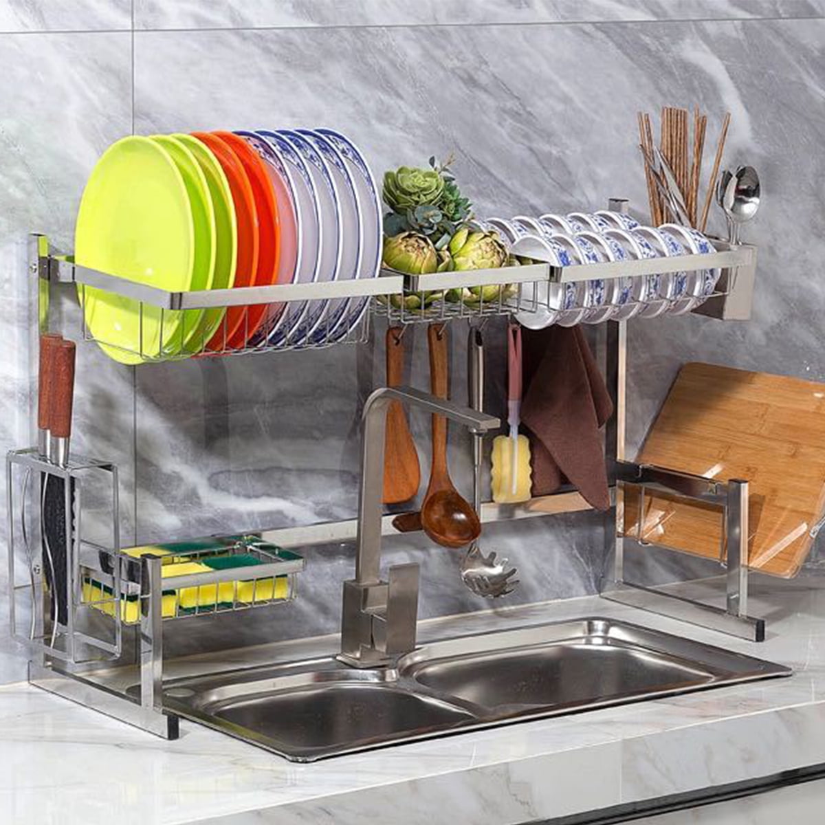 Dish Drying Rack, Over Sink Drainer Shelf Kitchen Cutlery Utensils Holder , with 4Pcs Hook