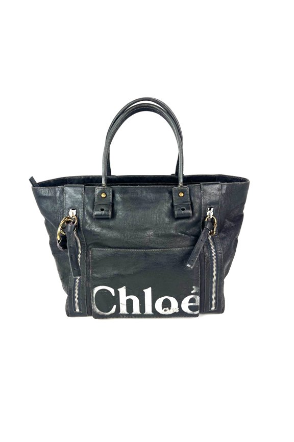 Pre-Owned Chloe Eclipse Logo Embellished Black Leather Tote EBAY LIVE