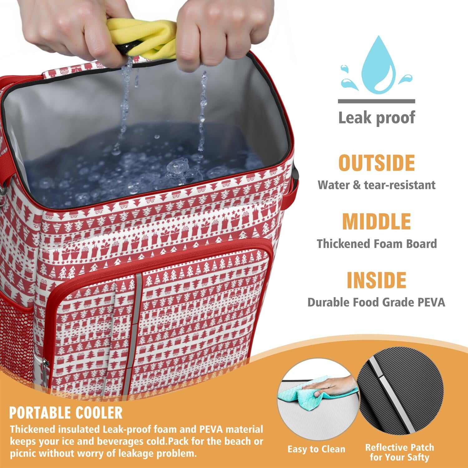 Travel Cooler Bag - Red Christmas Pattern Camping Beer Cooler Backpack with Bottle Opener- Waterproof Insulated Picnic Backpacks - Cooler Bag for Beach