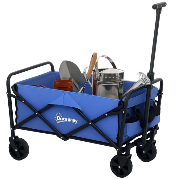 Outsunny Collapsible Folding Wagon Cart, Utility Garden Cart, Blue