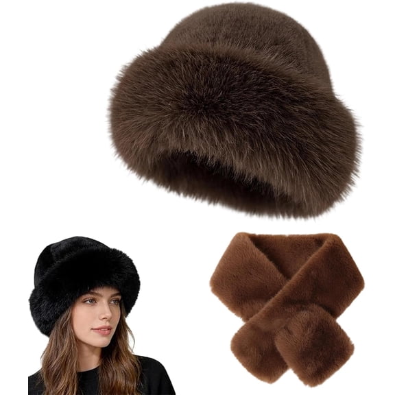 Faux Fur Bucket Hat, Cozy Fluffy Wide Brim Winter Hat for Women with Matching Scarf, Fuzzy Fashion Bucket Cap for Girls Women (Brown)