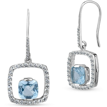 Blue Topaz and Created White Sapphire 7mm Cushion-Cut Center Sterling Silver Open-Square Eurowire Earrings