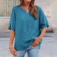 thumbnail image 2 of Bxsruta Cotton Linen Embroidered V Neck Blouse Casual Loose Short Sleeve Pullover Top for Women, 2 of 8
