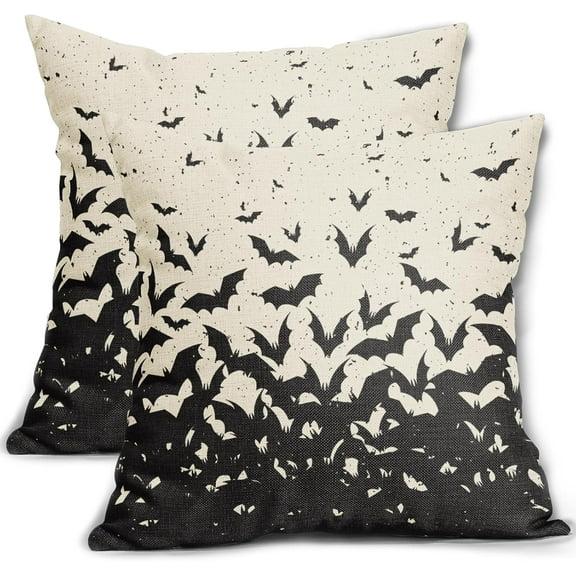 Halloween Bat Pillow Covers 18x18 Set of 2 Black Scary Pattern Print Halloween Decorations Decorative Throw Pillows Outdoor Holiday Farmhouse Pillowcase Linen Cushion Cover Decor for Sofa Couch Bed