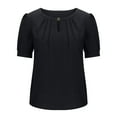 thumbnail image 3 of Lovskoo Summer Tops for Women 2024 Round Neck Short Sleeve Casual Tops Keyhole Blouses Pleated Puff Sleeve Solid Color Top Black, 3 of 6