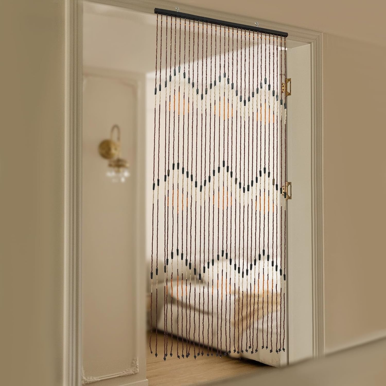 31 Line Wave Dense Fringe Beaded Door Curtains Handmade Wood Beaded Door Beads