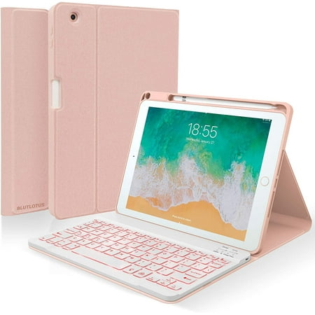C INVERTER Keyboard case for iPad 9.7 Inch Air 2, iPad 5th/iPad 6th Generation (2017/2018) Case with Keyboard Detachable,7 Color Wireless Backlit Keyboard,Smart Folio Cover with Pencil Holder(Pink)