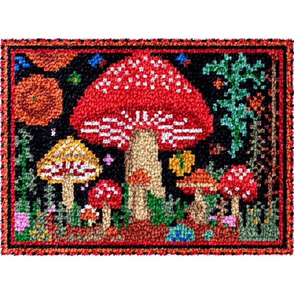 Latch Hook Kits Rug Mushroom DIY Cushion Tapestry Making Crochet Hook Mat Making Kits Color Preprinted Pattern Canvas DIY Hooking Needlework Crochet Kits 52x38cm (S11-63)