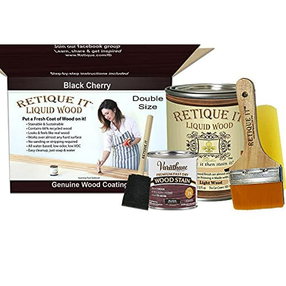 Retique It Liquid Wood - Quart Light Wood w/Black Cherry Stain - Stainable Wood Fiber Paint - Put a fresh coat of wood on it (32oz LW, Black Cherry)