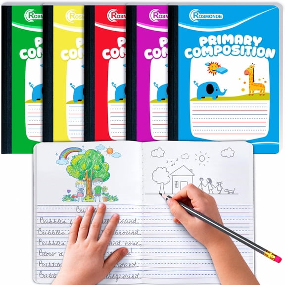 Rosmonde Primary Composition Notebooks 5 Pack, 200 Pages (100 Sheets), Draw & Write Journal, 9.75 x 7.5 in, Dotted Ruled for Grades K–2, Hard Cover, Assorted Colors