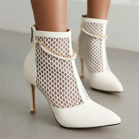 

Cathalem Ladies Fashion Solid Color Leather Mesh Splice Pointed Cool Boots Back Zipper Thin High Heels Women Casual Sandals Beige 7