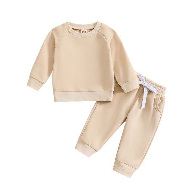Gibobby Conjunto de Bebé A Niños pequeños Niñas Manga larga Sólido Camiseta Tops Pantalones Trajes(Beige, 6-12 Meses)