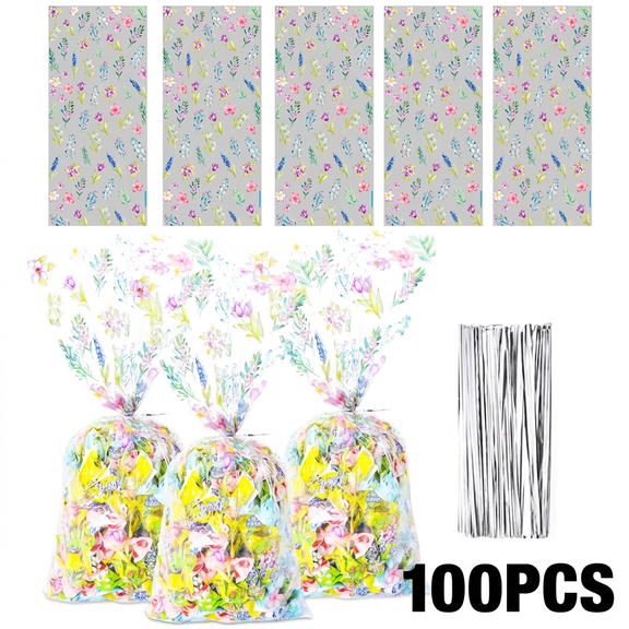 ROSEXIXI 100pcs Candy Bags For Party Favors,Floral Treat Bags, Clear Cellophane Cake Pop Pouches with Silver Ties Flower Bar Supplies for Easter Birthday Wedding Baby Shower Cookies Treats