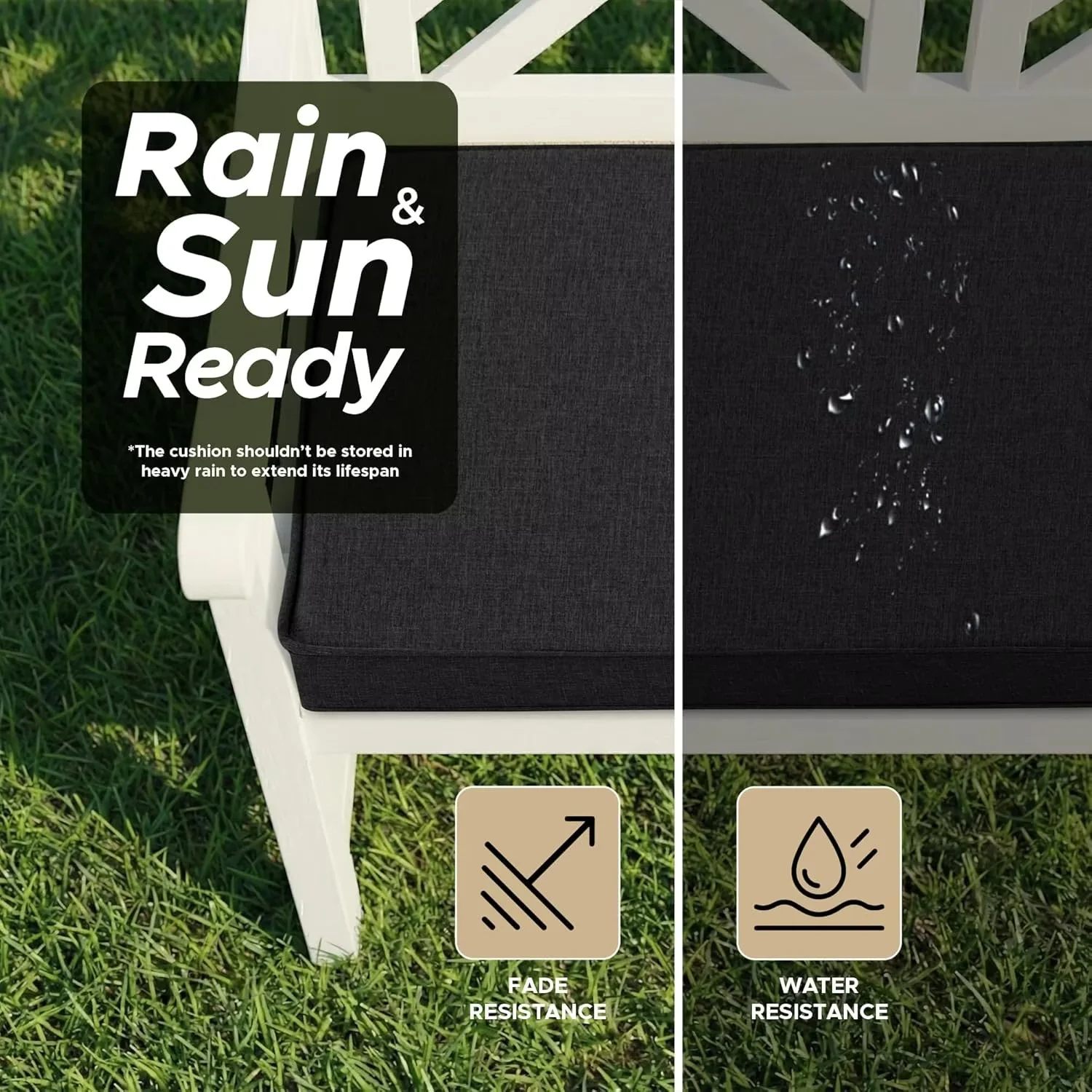 Ottowood Outdoor Bench Cushion 42" x 16", Black - Water & Fade Resistant Patio Furniture Cushions, Non-Slip Bench Seat Pad with Linen Textured Removable Cover for Garden Porch Sofa Settee