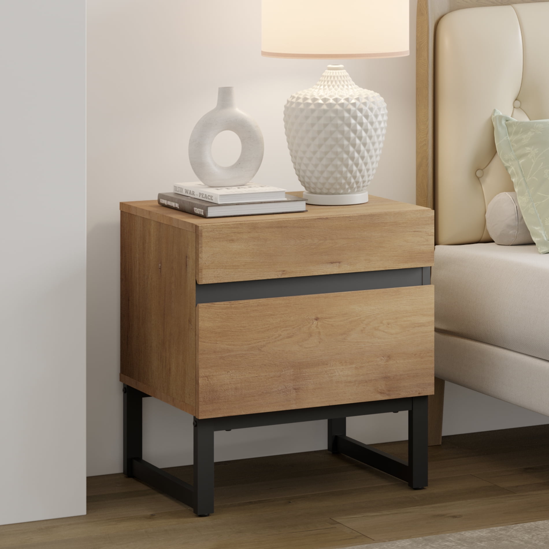 WAMPAT Modern Bedside Table for bedroom, Nightstand with 2 Drawers and Black Square Iron Leg, Wood Rustic Side End Table for living Room