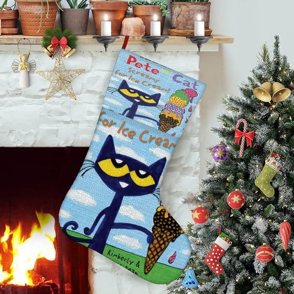 Pete the Cat-theme Christmas Stockings，Fine white linen for Stairs Fireplace Hanging Xmas Home Decor Christmas gift17.7"X12.6"(45cm×32cm)