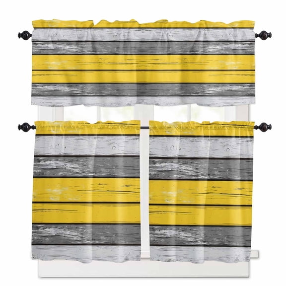 Coastal Style Kitchen Curtains and Valances Set, Retro Gray Yellow Stripes Wood Grain Rod Pocket Window Valance 18 Inch Window Curtain Panels for Living Room Bedroom Laundry, 27.5x24in, 3 Pieces