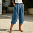 thumbnail image 6 of Nhthy Women's Solid Drawstring Waist Casual Capri Pants, Relaxed 7/8 Cropped Trousers with Side Pockets for Home Lounge Daily Blue M, 6 of 6