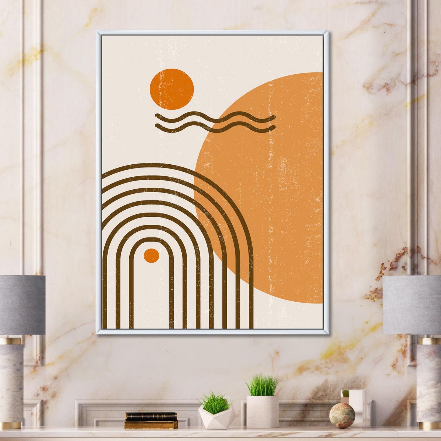Designart Abstract Rainbow Sun and Moon In Earth Tones II FLOAT FRAME WALL ART