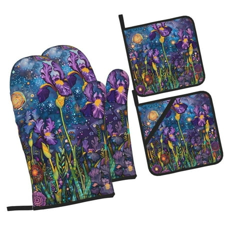 

Sikiie Cosmic Purple Irises Oven Mitts and Pot Holders Silicone Oven Gloves Heat Resistant Oven Mitts 4Pcs Set