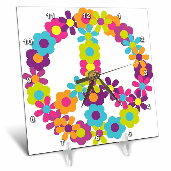 3dRose, Peace Sign Made Up Of Blue, Pink, Purple, and Green Flowers, 6x6 Desk Clock