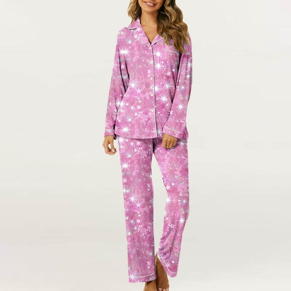 REORIAFEE Pjs 2 Piece Set Women Valentine's Day Sparkly Lapel with Buttons Pockets Pajama Sets Long Sleeve Shirt and Pants Pjs Set Soft 2 Piece Loungewear Gifts Suits Pink L