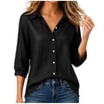 thumbnail image 4 of Qulqfy Women's Blouses 3/4 Sleeve Cotton Fall Solid Dressy Tunic Pleat Collared Black Button Up Vintage Womens Tops M, 4 of 6